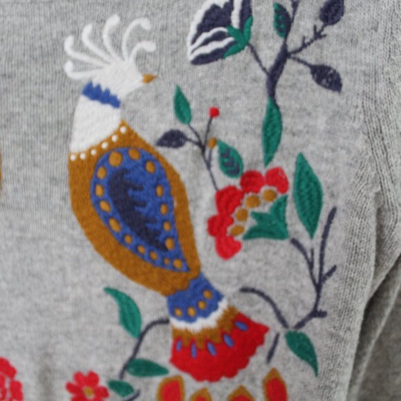 Loft Gray Embroidered Peacock Crew Neck Bell Sleeve Pullover Sweater Size S - Picture 6 of 7